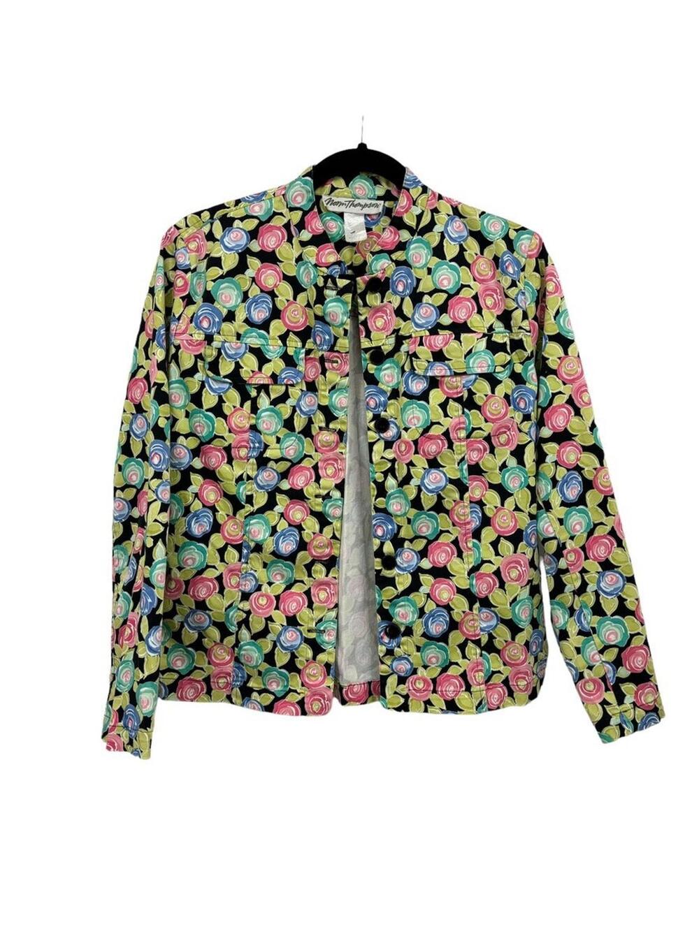 Norm Thompson Floral Lightweight Jacket Pastels on Black Size Small